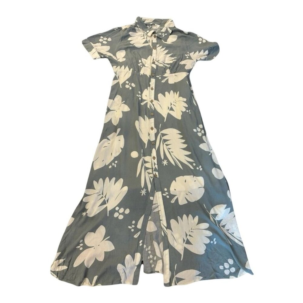 O'Neill XXL Claire Tropical Short Sleeve Collar Sundress Slit Maxi Dress Green - Picture 9 of 16